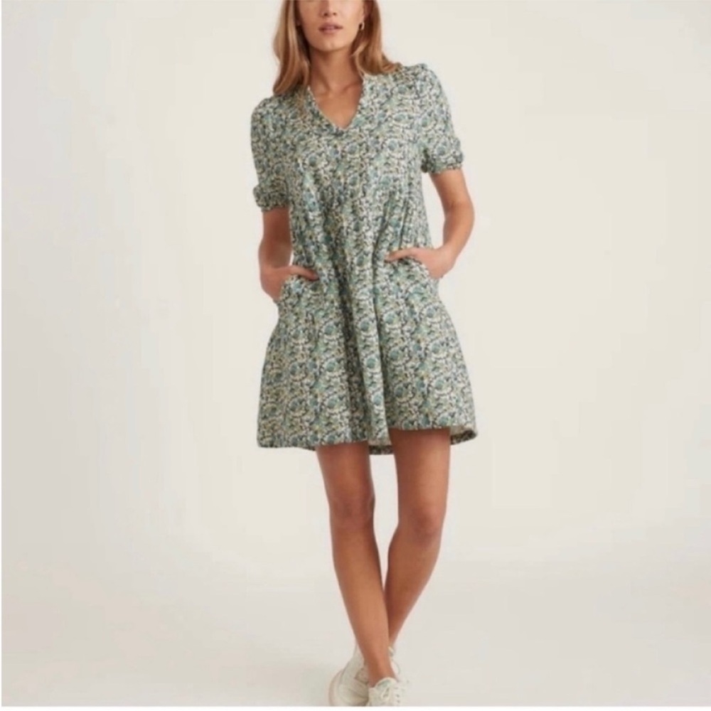 Marine Layer Jamie Dress Size Medium Mini Boho in Floral Ditsy Print Blue Green